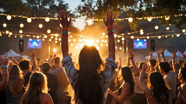 Crowd enjoying a lively outdoor music festival at sunset, with string lights and energetic people dancing to live performances.

