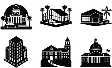 Naklejka premium University Silhouette Vector Set – Educational Campus Building Collection 