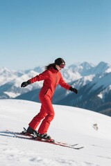 skier in red jumps skiing down a snowy mountain slope