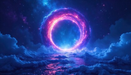 Glowing portal surrounded by swirling cosmic energy, wavy patterns in shades of blue and purple, wavy patterns, colors, cosmic energy