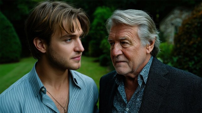 Son helps elderly father walk outside