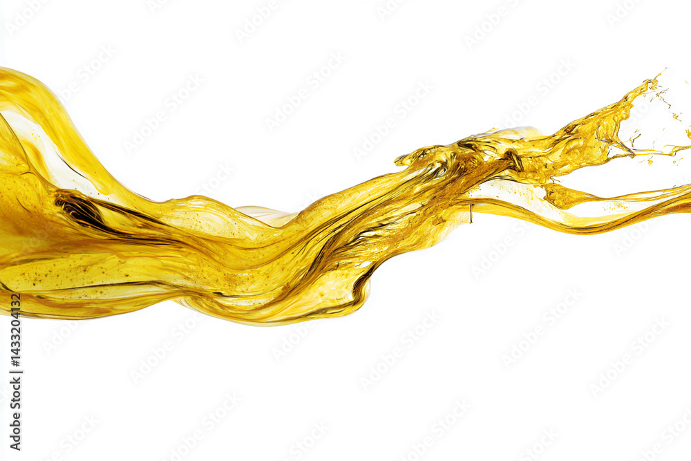 Poster Golden liquid flowing dynamically, creating elegant curves and splashes against white background, showcasing fluidity, movement and luxury