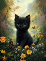 Fantasy-style animal artwork with cute black kitten surrounded by colorful wildflowers and butterflies. Concept of spring magic and childhood dreams. Ideal for kids designs and nature scenes.