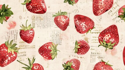 Strawberries scattered across a Retro Collage with Halftone Texture create a sweet Vintage Aesthetic