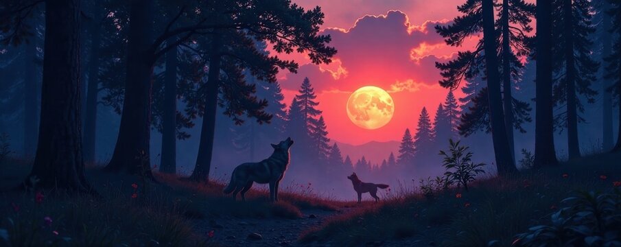 Dark forest at dusk with howling wolves in the distance, wilderness, forest, night