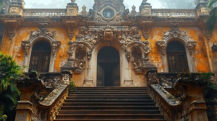 Ornate Yellow Mansion's Grand Entrance and Weathered Stone Steps