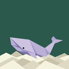 Fototapeta premium Origami whale craft art on geometric sand dunes with green background vector illustration 
