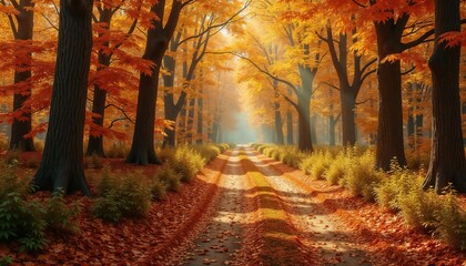 mpressionistic Autumn Forest Path Leading Towards Bright Light Evoking Hope