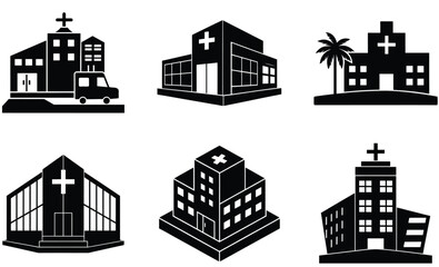 Modern Hospital Silhouette Vector Collection – Medical Building Icon Collection