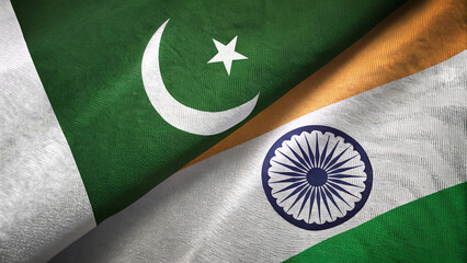 Symbolizing the dynamic between Pakistan and India, the image shows their respective flags, Pakistan's crescent and star and India's tricolor, partially covering each other
