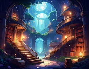 A magical ancient library with floating books, glowing lights and spiral staircases