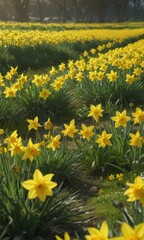 Obraz premium Sunlit daffodils burst forth in vibrant yellow against a lush green field , vibrant, garden, outdoor