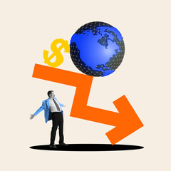 Modern artwork. Man braces under crashing arrow and collapsing globe, expressing panic and...