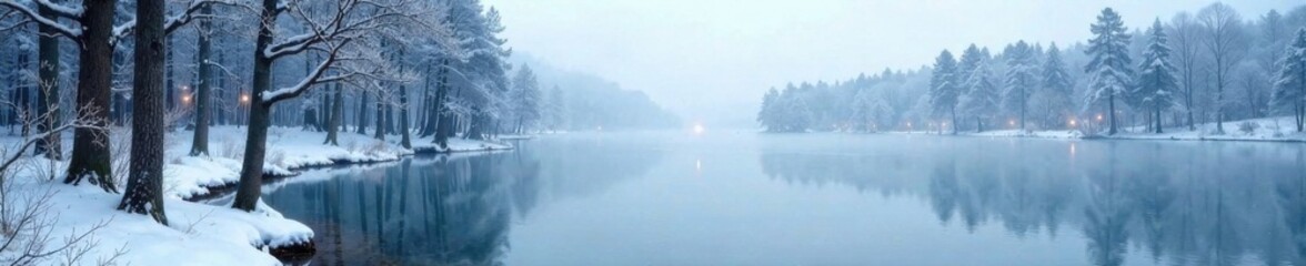 Fototapeta premium Snowy forest landscape with bare trees, frozen lake, and misty sky , winter, lake, mist
