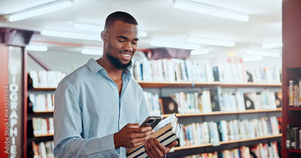Poster Happy, black man and student with phone in library for social media, reading chat and university app. Person, mobile and communication for learning, scholarship application and studying notification
