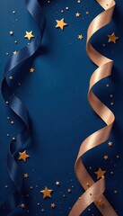 Swirl ribbons with gold stars on dark blue background, winter, swirl, dark