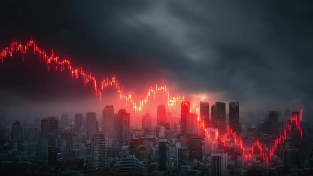A dramatic skyline with a digital stock market graph trending downwards, set against a moody sunset backdrop. Economic risk market volatility.  