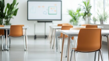 A modern classroom featuring orange chairs, tables, and greenery, with a large screen for presentations.