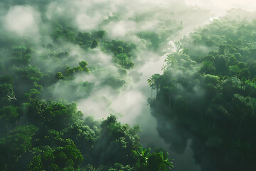 Morning Mist Over the Amazon Rainforest and River