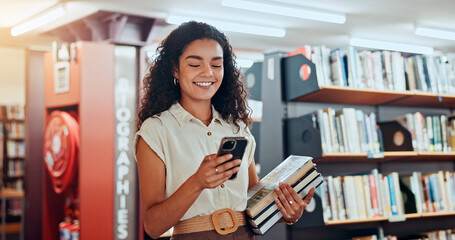 Smile, woman and student with phone in library for social media, reading chat and university app. Female person, walk and mobile for learning agenda, scholarship application and studying notification