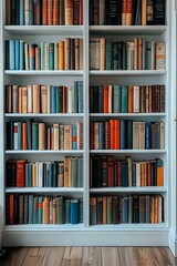 Vintage hardcover books arranged on light gray wooden shelves in home library. Collection features varied spine colors from blue and red to earth tones on classic bookcase.