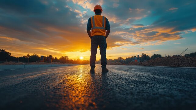 Construction worker stands looking out, watching sunset, anticipating project completion, demonstrating dedication, expertise, commitment.