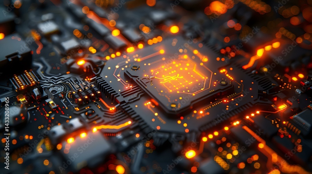 Poster glowing orange microchip on dark circuit board with bokeh light effects, modern technology concept s