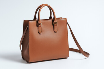 Handcrafted women’s tan leather handbag with minimalist design, displayed on a white background.

