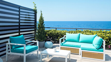 Fototapeta premium modern turquoise outdoor sofa set with ocean view