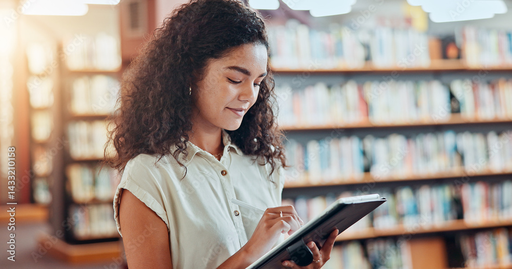 Aufkleber education, college and woman with tablet in library for knowledge, reading and studying. technology,
