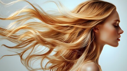 Young woman with flowing blonde hair against light background, profile view showing natural movement and shine. For beauty and hair care advertising.
