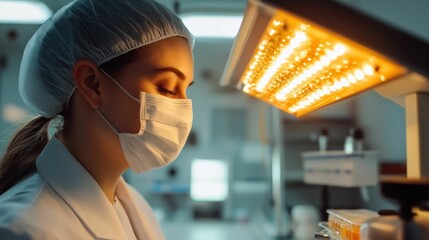 Caucasian medical professional analyzes tests in lab, focusing on results, reflecting dedication, scientific rigor.