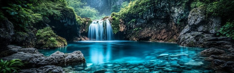 Fototapeta premium Serene Jungle Waterfall with Lush Greenery and Turquoise Pool in a Natural Paradise