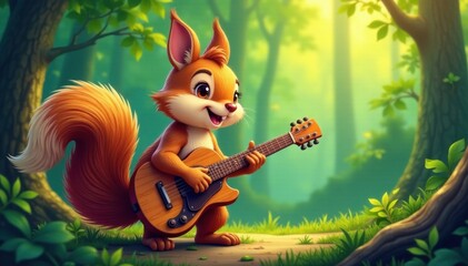 Naklejka premium Cartoon squirrel playing guitar in the forest, woodland, cute animal, nature