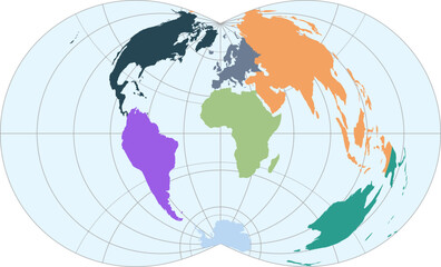 World vector map with continent boundaries and graticules (Rectangular polyconic projection, PPT-compatible, pre-colored & fully editable)