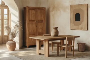Rustic dining room featuring a light wood wardrobe and table