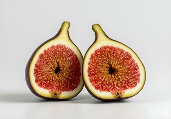 Ripe fig cut open showing seeds, isolated on white background