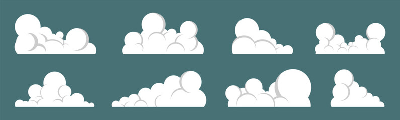 Set of different cartoon white clouds isolated on blue background, vector illustration.