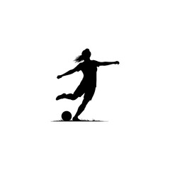Silhouette of a woman kicking a soccer ball with outstretched arms on a white background image