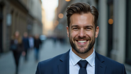 Fototapeta premium Handsome 30s top manager portrait in formal suit. Successful entrepreneur look camera. Confident business man smile. Young male businessman face. Urban city background. 40s employee work. Office boss.