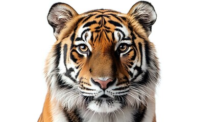 Obraz premium Majestic Bengal tiger head portrait with intense blue eyes and distinctive orange, black and white striped fur pattern isolated on white background for wildlife and nature designs.