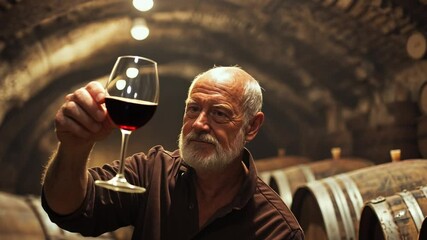 Wine Tasting in Cellar: An experienced individual, immersed in the world of winemaking, evaluates a glass of rich red wine within a rustic, dimly lit cellar. The scene exudes the artistry.