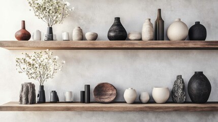 Ceramic vases, pottery art displayed on wooden shelves, present minimalist decor with neutral color palette.