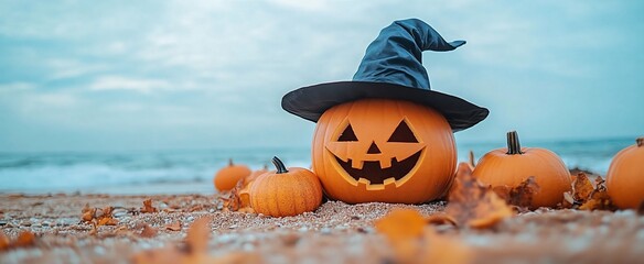 Halloween pumpkin on the beach