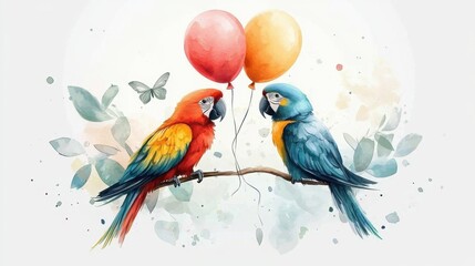 Obraz premium Two colorful parrots sit on a branch holding balloons, surrounded by soft watercolor elements, creating a whimsical and cheerful atmosphere.