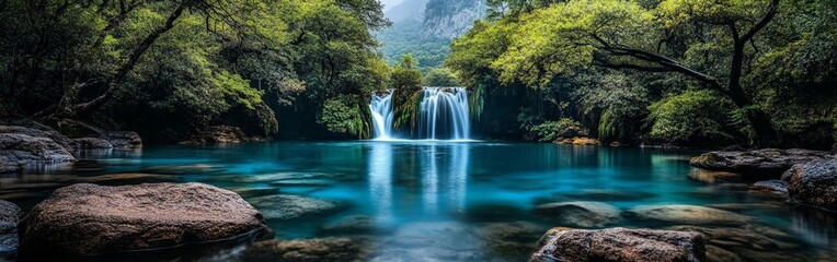 Obraz premium Serene Jungle Waterfall with Lush Greenery and Turquoise Pool in a Natural Paradise