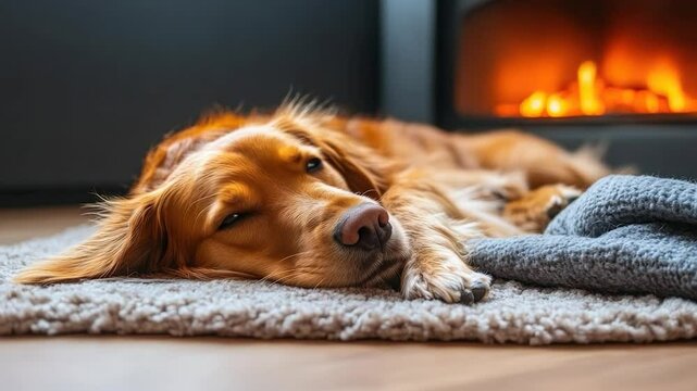 Golden retriever relaxing by fireplace