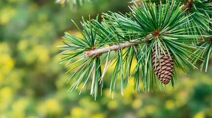 close-up of a pine branch with mature cone