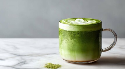 Matcha latte sits elegantly, displaying vibrant green color, intricate foam design, refreshing visual presentation.