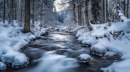 Serene winter landscape featuring a flowing river through a snow-covered forest